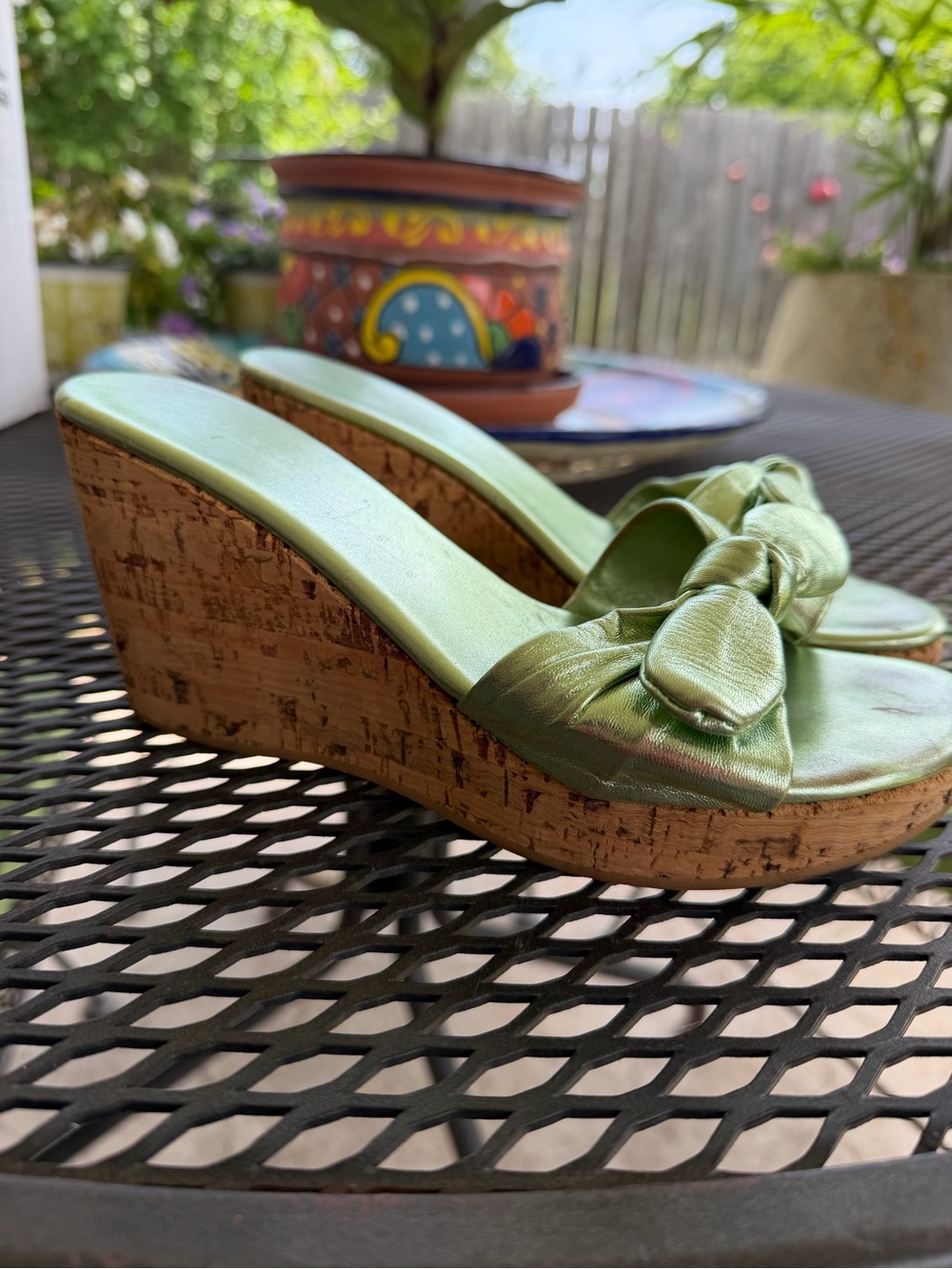 Green leather Knot Cork Wedge Sandals
